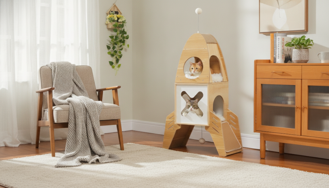 Rocket Wooden Cat Tree: 2 Cozy Condos & Dangling Toys