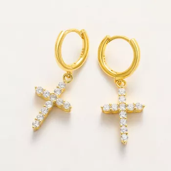 Sterling Silver Cross Hoop Earrings with Zircon Sparkle